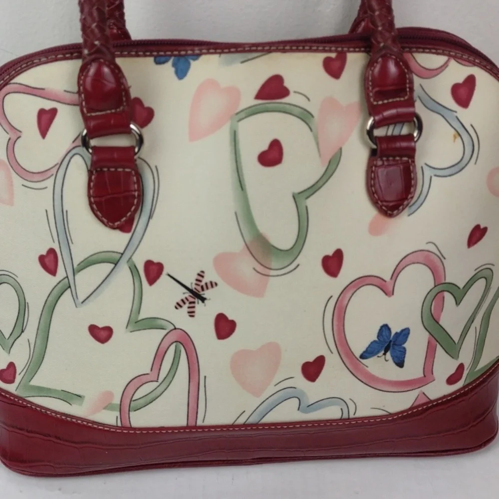 Brighton-esque Whimsical Heart Butterfly Croc-Embossed Leather Trim Purse Bag